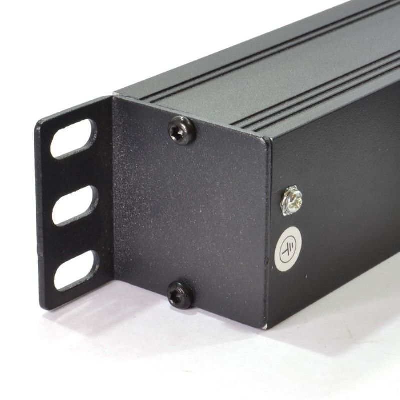Rear right end part of a 1U 19" 6-Way Horizontal Rack PDU showing its right mounting bracket and grounding terminal