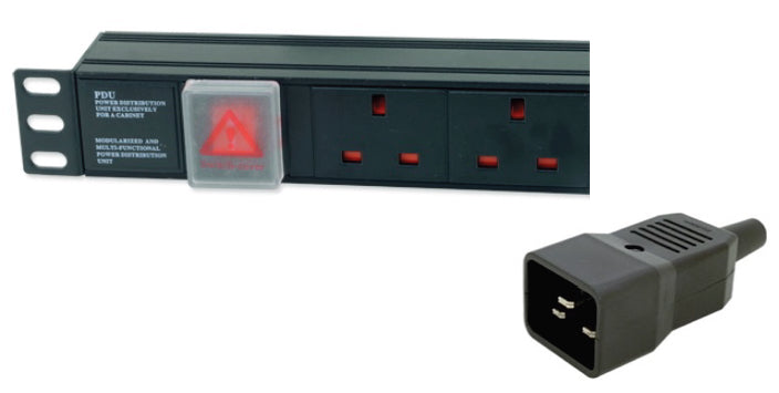 Partial view of a 1U 19" 6 Way Horizontal-mount Rack PDU showing its covered neon red power switch and its IEC20 input plug.