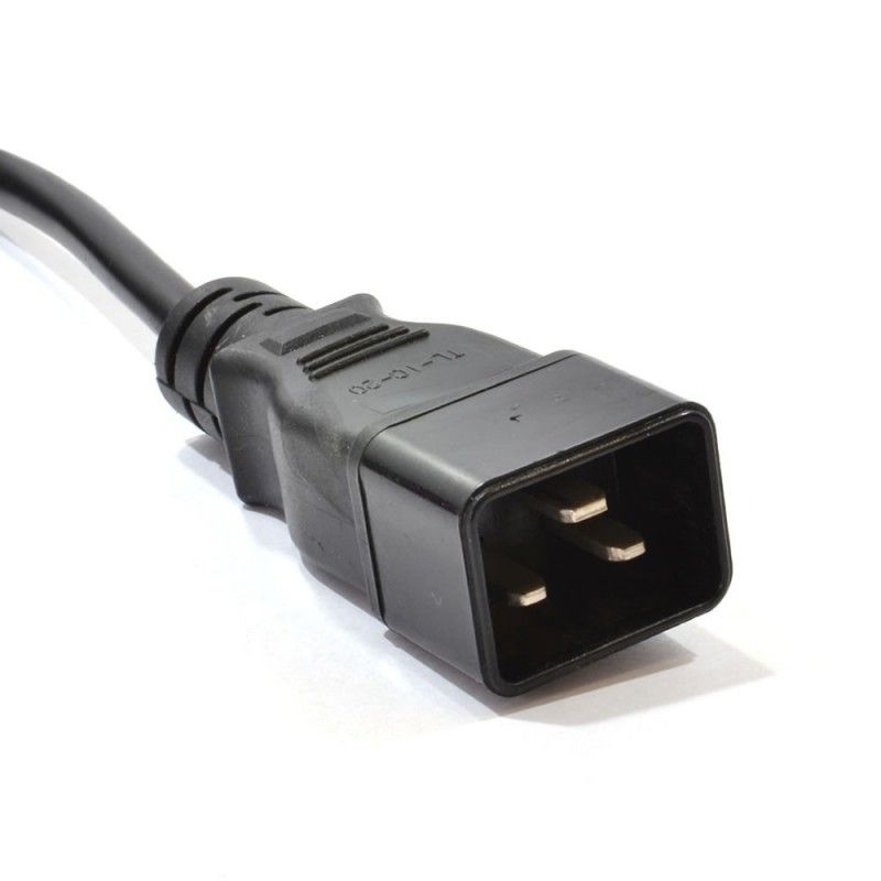 Close-up view of an IEC20 input plug for the 1U 6-Way UK sockets 13A-Switched Horizontal mount Rack PDU.