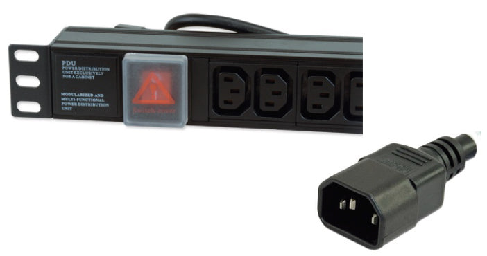 Partial view of a 1U 19" 8-Way IEC13 sockets Horizontal-mount Rack PDU showing its covered red power switch and its 10A IEC14 input plug.