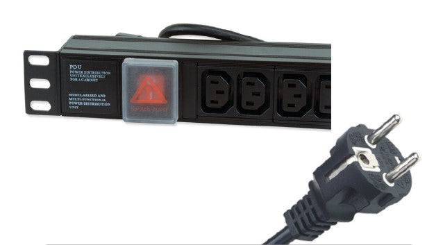 Partial front view of a 1U 19" 8 Way Horizontal Switched IEC13 Sockets to 16AMP Schuko input Plug Rack PDU showing its left mounting bracket , neon red power switch with protective cover, and 3 IEC13 output sockets. Also shown in close-up is its Schuko input plug.