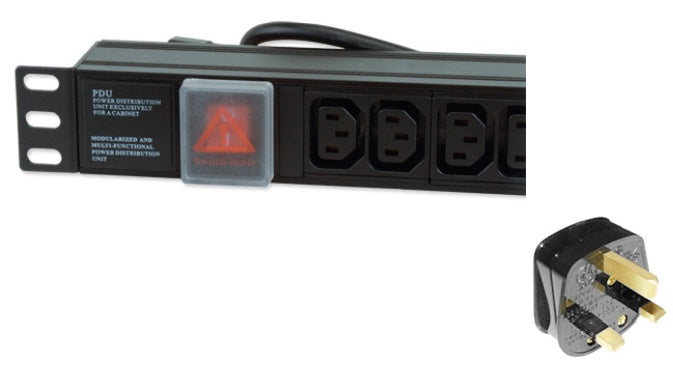 Partial view of a 1U 19" 8-Way IEC13 sockets Horizontal-mount Rack PDU showing its covered red power switch and its 10A UK input plug.