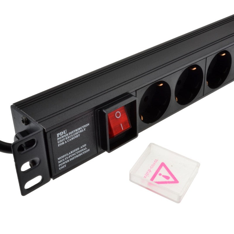 Left mounting bracket and neon red power switch in close-up view for the 1U 19" 8 Way Horizontal Switched 16A Schuko Sockets to IEC14 Plug rack PDU.