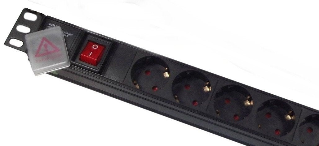 Neon red power switch with protective cover on the side and left mounting bracket shown in partial slanting top view of the 1U 19" 8 Way Horizontal Switched 16A Schuko Sockets to IEC14 Plug rack PDU.