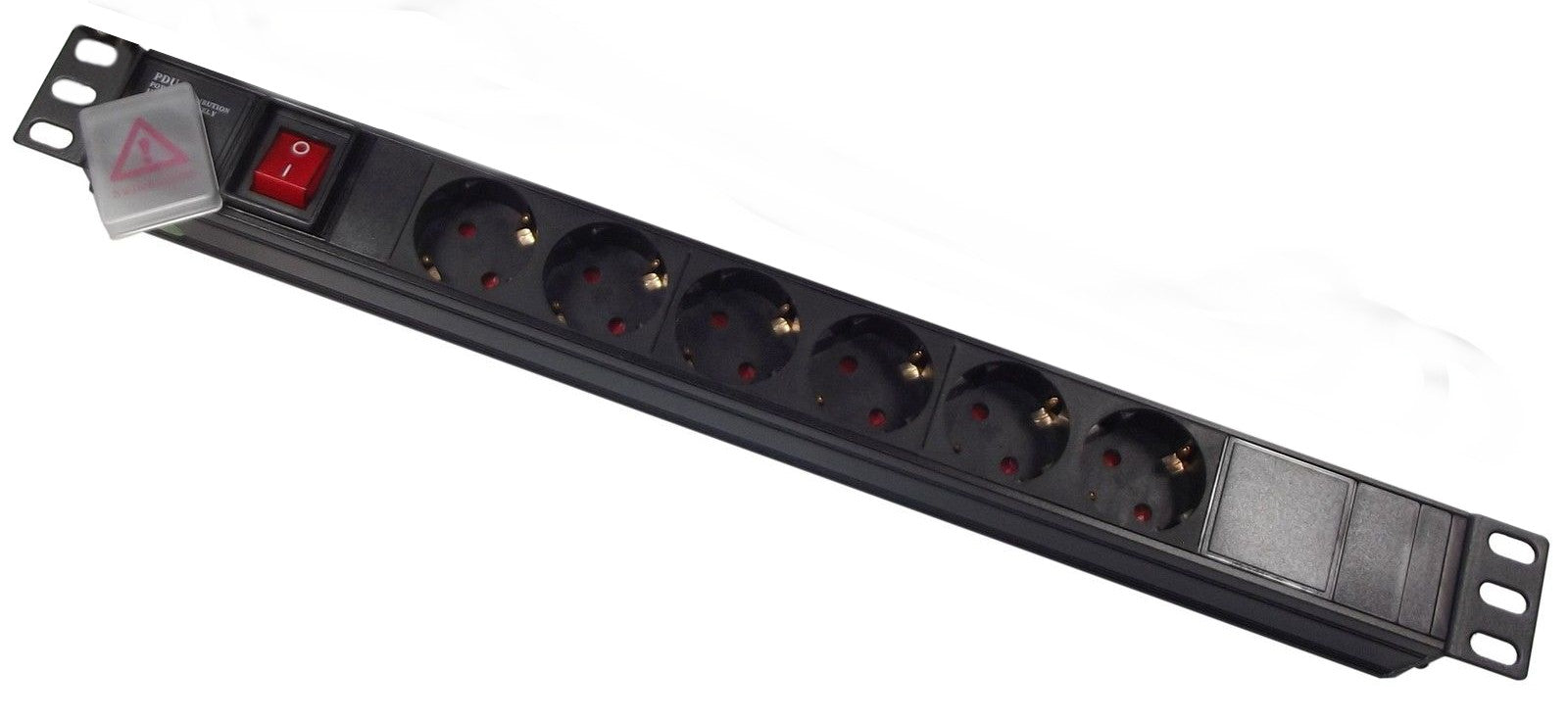 Full length slanting top view of a 1U 19" 8 Way Horizontal Switched 16A Schuko Sockets to Schuko Plug rack PDU.