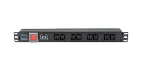 Full length horizontal front view of a 1U 19" 8-Way Horizontal Switched 10A IEC13 Sockets to UK Plug Rack PDU with Surge Protection.