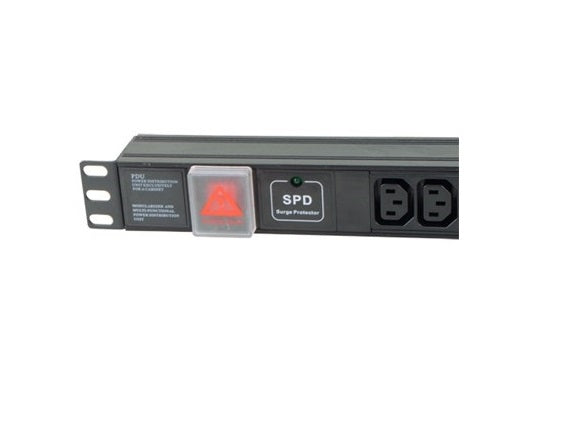 Partial left part close-up view of a 1U 19" 8 Way Horizontal Switched 10A IEC13 Sockets to UK Plug Rack PDU with Surge Protection showing its left mounting bracket and power switch with protective cover.