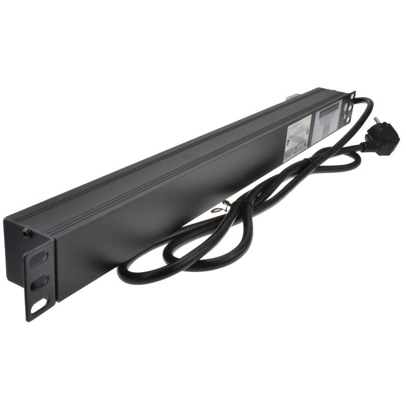 Full length slanting back part of a 1U 19" 8 Way Vertical Switched 16A Schuko Sockets to Schuko Plug Rack PDU with Surge Protection.