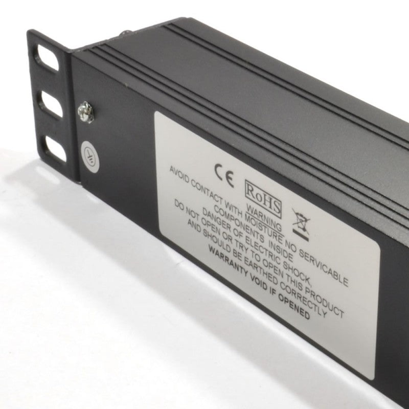 right back part in slanting view of a 1U 19" 8 Way Vertical Switched UK 13A Sockets to IEC20 Plug rack PDU showing its right mounting bracket and grounding terminal in close-up view.