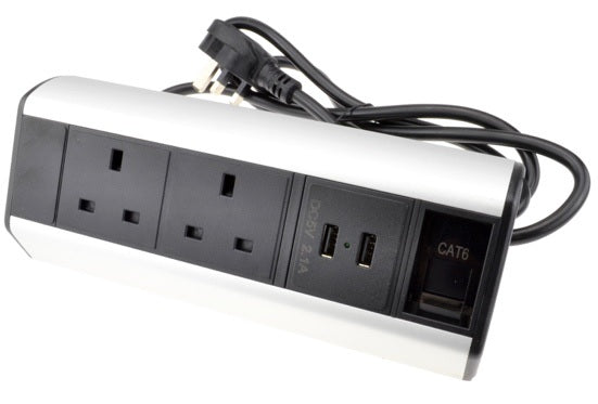 Full front view of a Desktop PDU - Table Clamp Type - 2x 13A UK + 2USB + 1RJ45 - Netbit UK