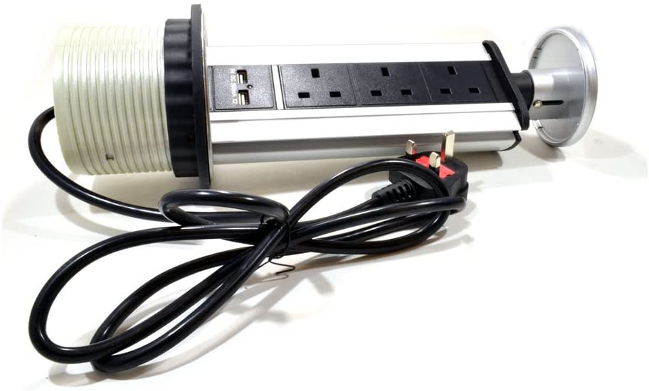 Close-up front view of a Desktop PDU - Table Pop-Up - 3x 13A UK + 2x USB - Netbit UK
