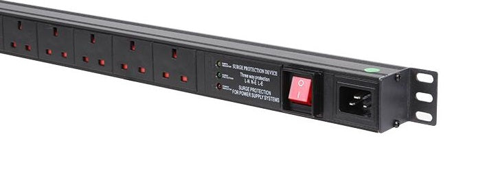 1U 19" 12 Way Vertical Switched UK 13A Sockets & C20 Inlet PDU with Surge Protection (Rackmount) - Netbit UK