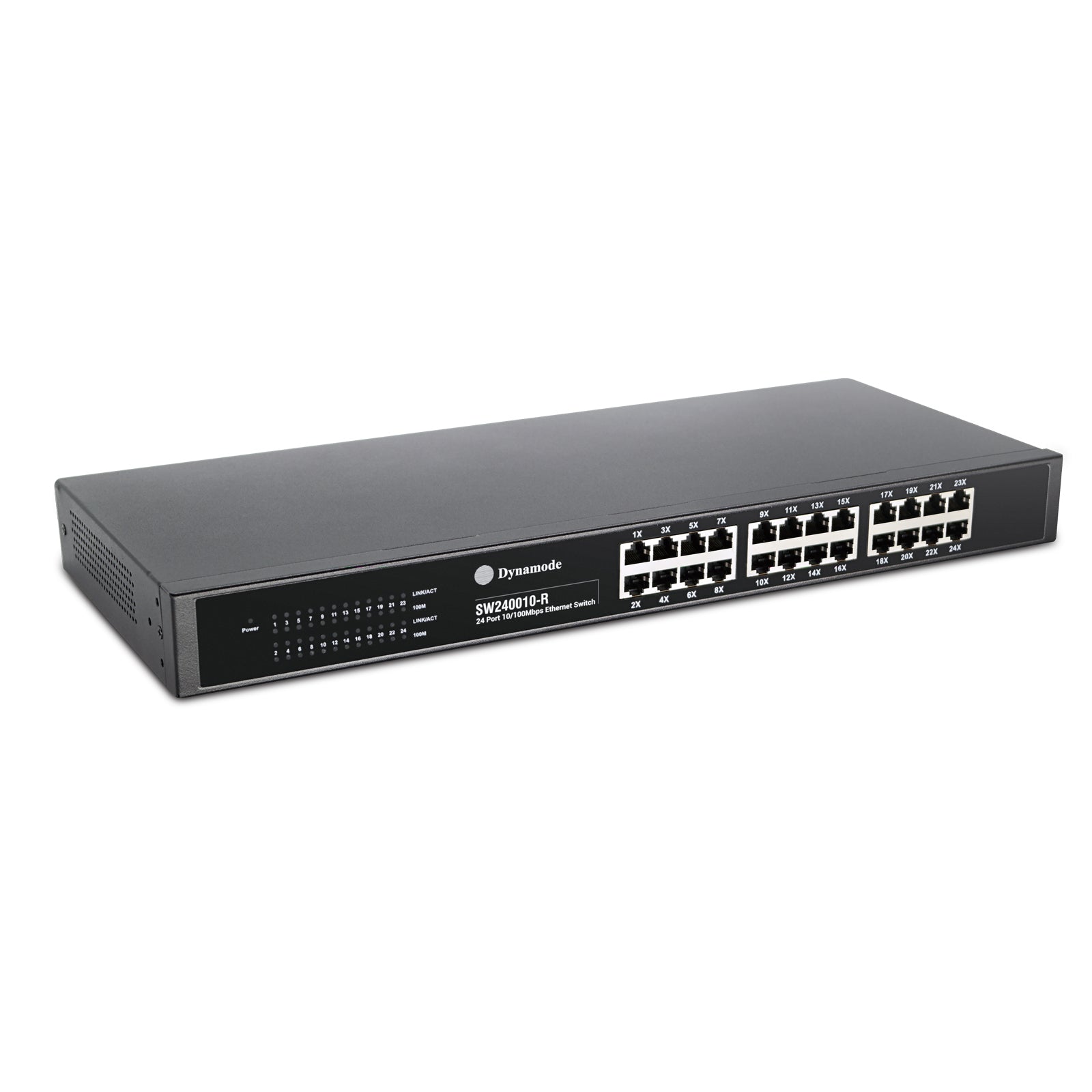 Isometric front view of a 24-Port 10/100 Mbps Fast Network Ethernet Switch - 19" Rackmount (1U).