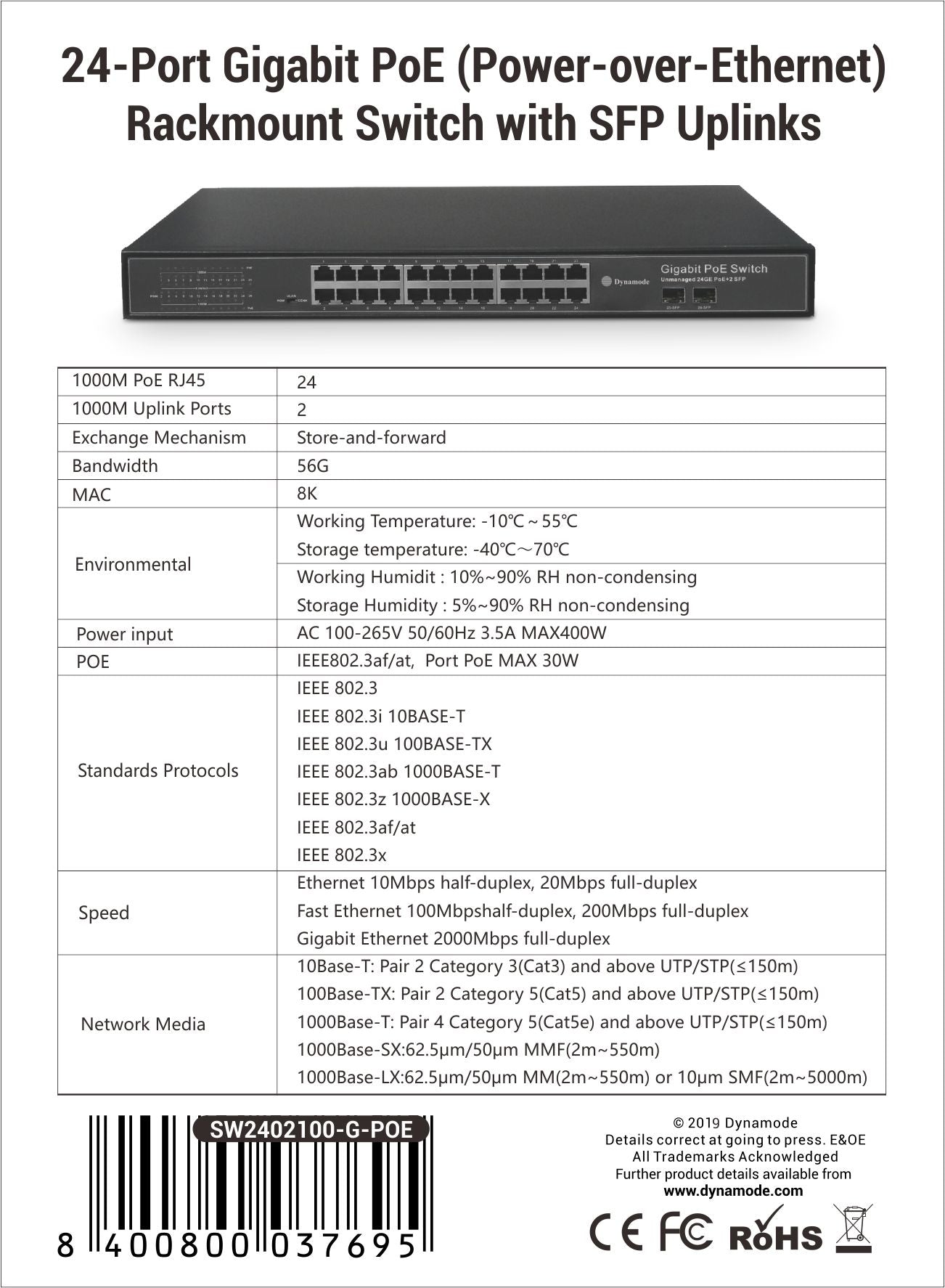 Technical sheet of a 24-Port 10/100/1000 Mbps Gigabit 1U Rackmount PoE Ethernet Switch with 2 SFP Uplinks - Netbit
