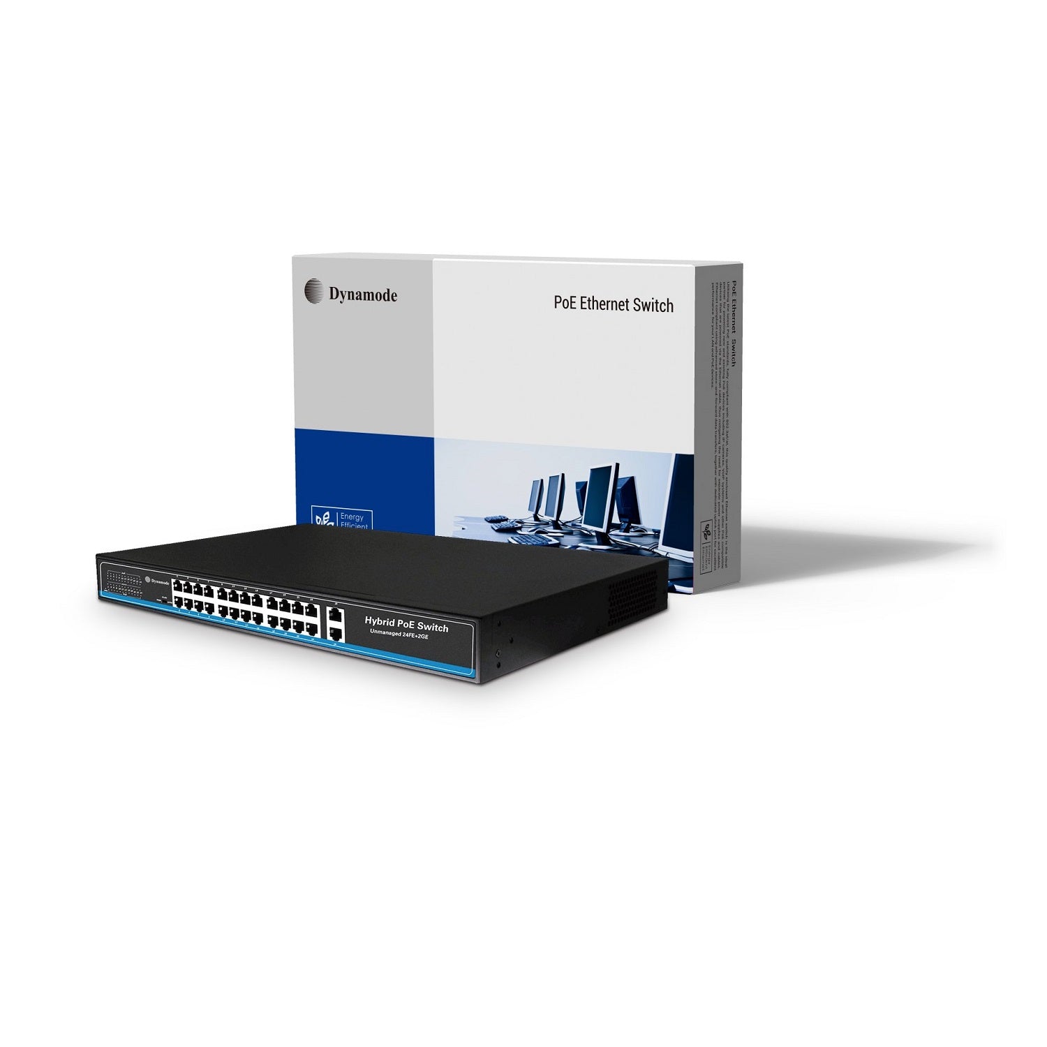 24-Port Fast Ethernet PoE Switch+ 2 Gigabit Uplinks-Rackmount with box packaging standing behind.