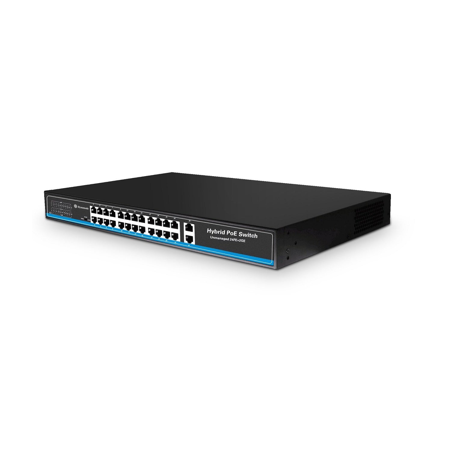 Isometric front view of a 24-Port Fast Ethernet PoE Switch+ 2 Gigabit Uplinks-Rackmount.