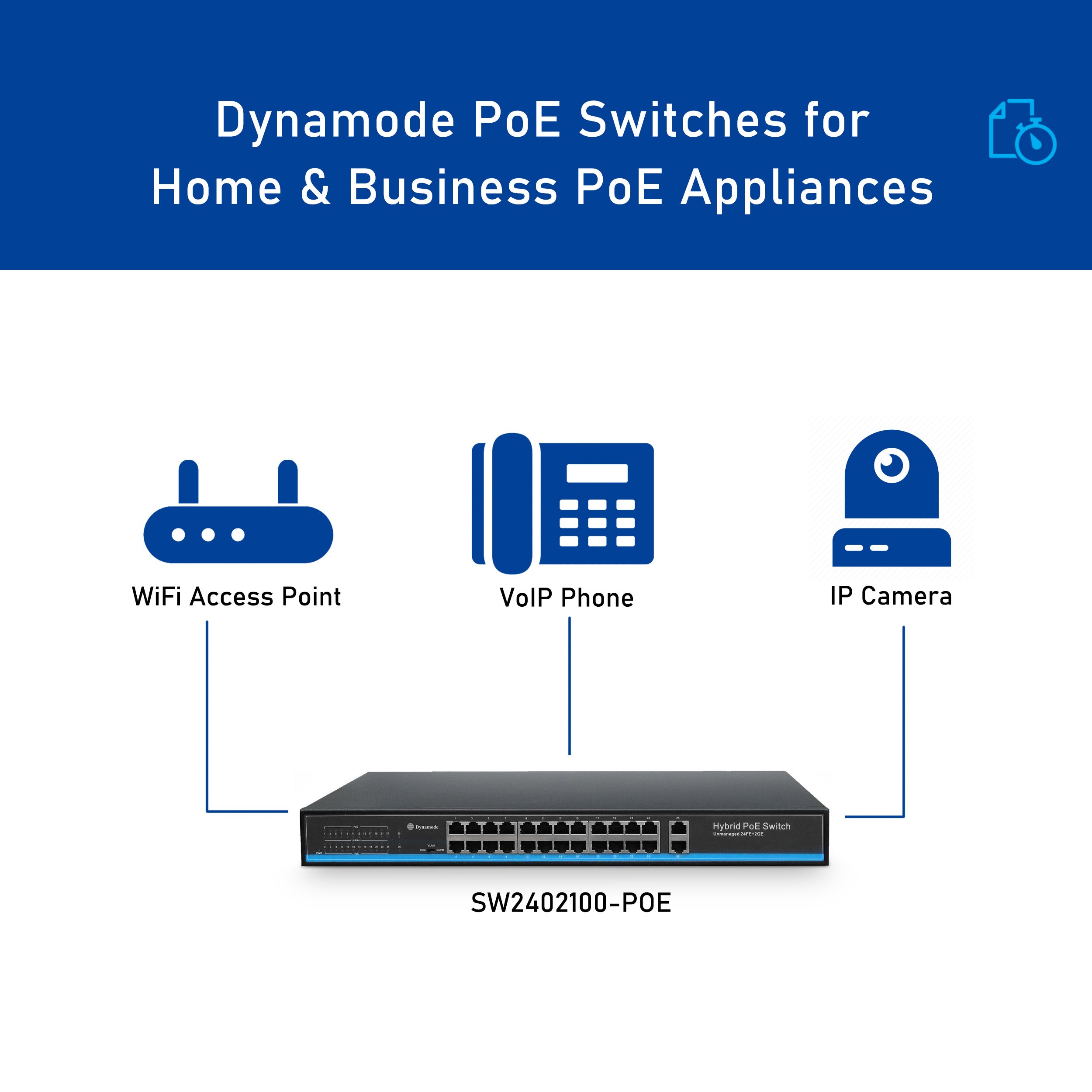 Diagram showing different home and business PoE appliances that can be connected to a 24-Port Fast Ethernet Speed PoE Switch with 2 Gigabit Uplinks - Rackmount.