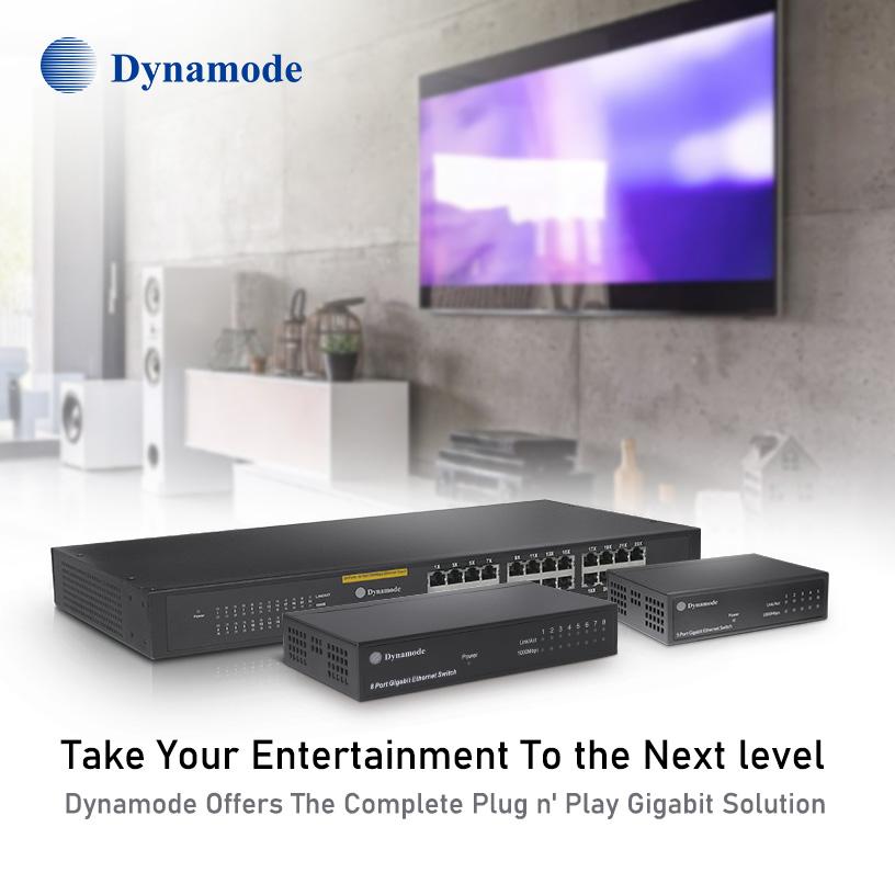 The Dynamode Fast and Gigabit Network Ethernet Switches / PoE Switches product range is advertised for entertainment applications.