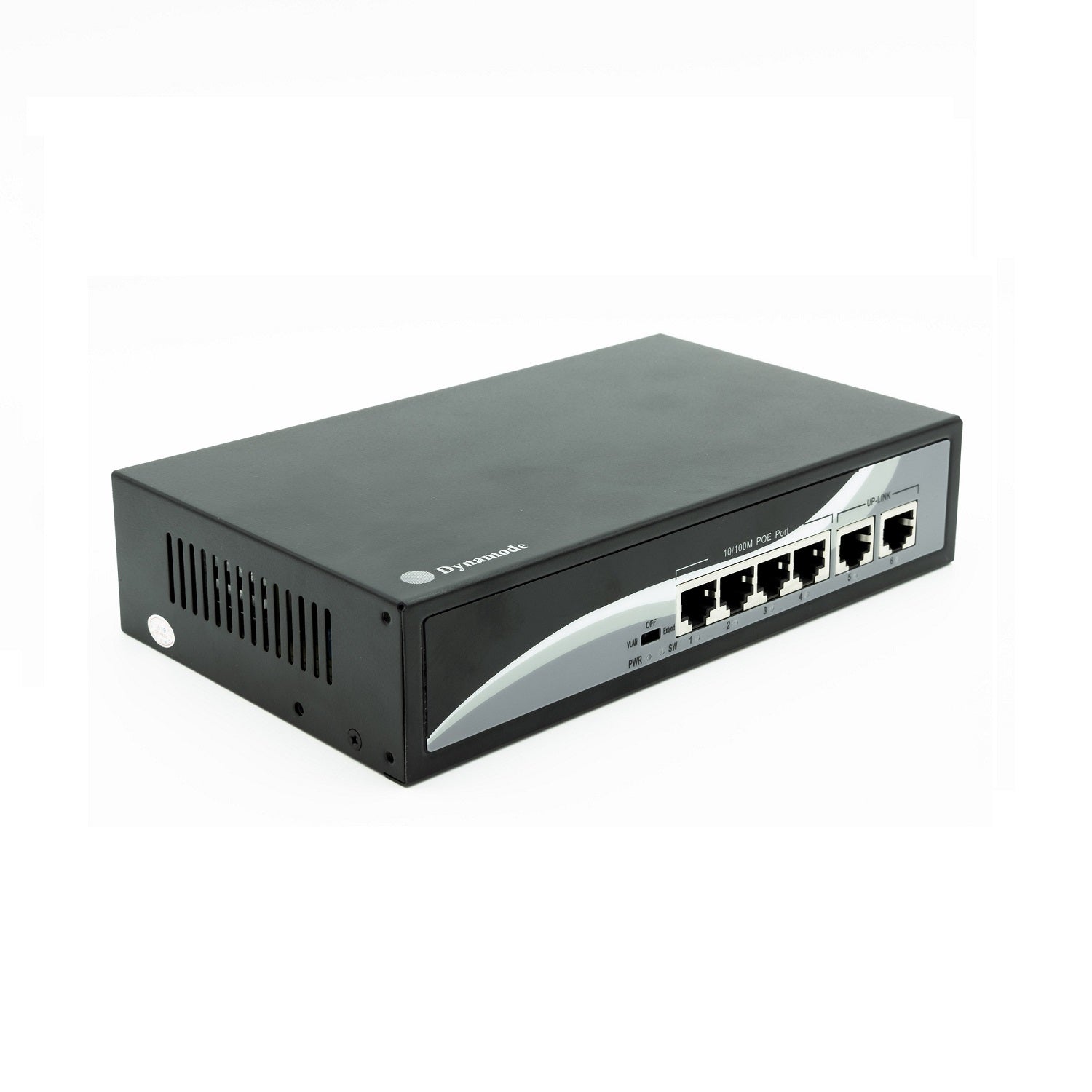 Isometric view of a 4-Port 10/100 Mbps Fast Ethernet speeds PoE Switch (Desktop or wall-mounted) showing its 4 ethernet with 2 Uplinks ports, its power port, and vented left side panel.