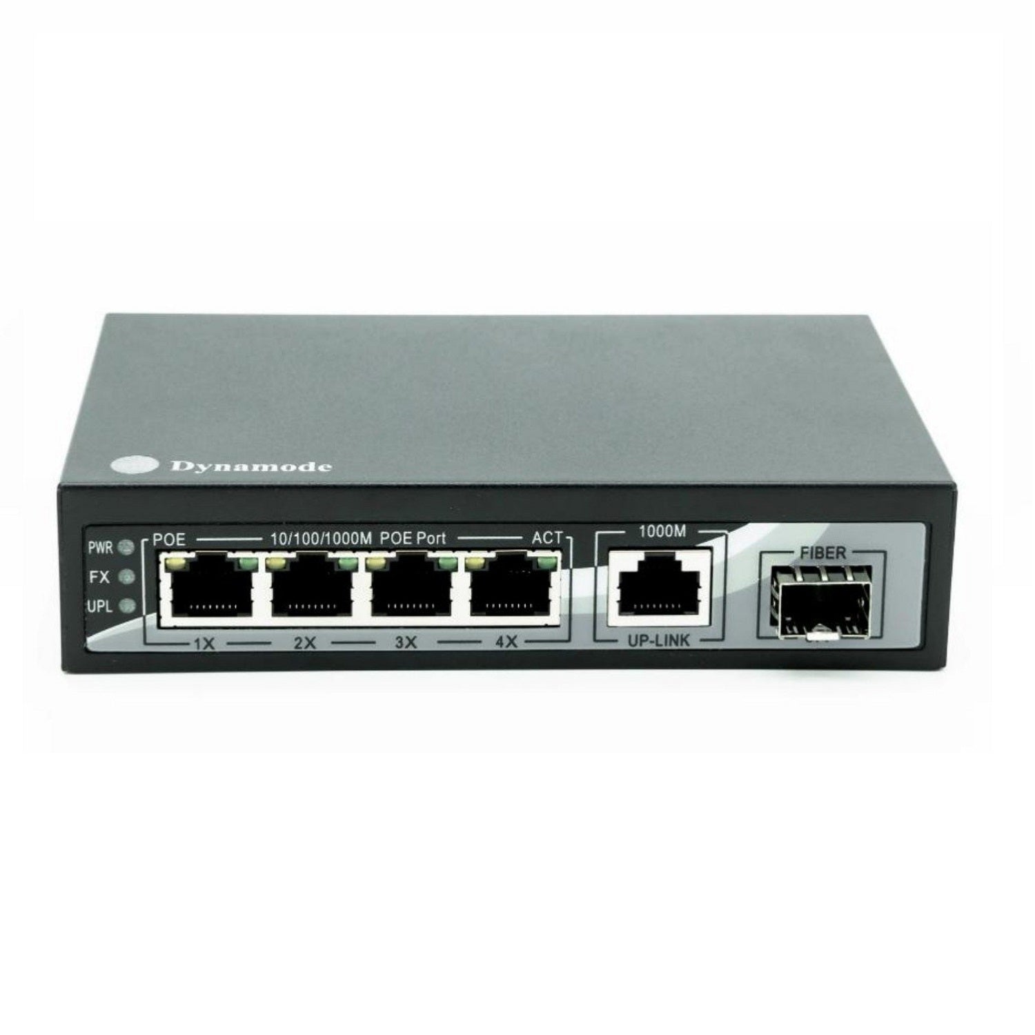 4-Port 10/100/1000 Mbps Gigabit Ethernet PoE Ethernet Switch (Desktop or wall-mounted) showing its 4 Ethernet with 1 Uplink and SFP ports.