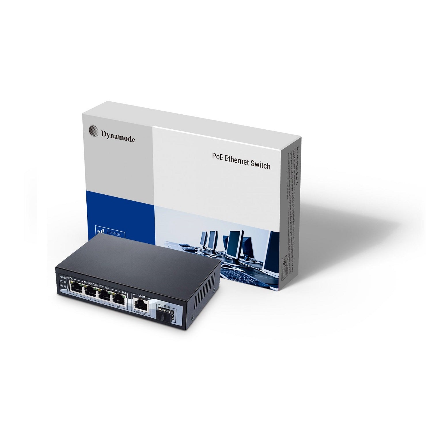Dynamode 4-Port 10/100/1000 Mbps Gigabit Ethernet PoE Ethernet Switch with 1 Uplink plus SFP port and its box packaging standing behind.