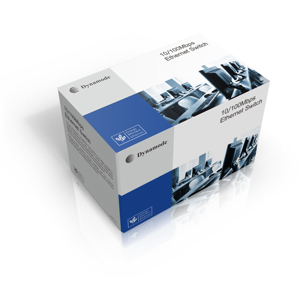 Box packaging of a 5-Port 10/100 Mbps Fast Network Ethernet Switch (Desktop or wall-mounted).