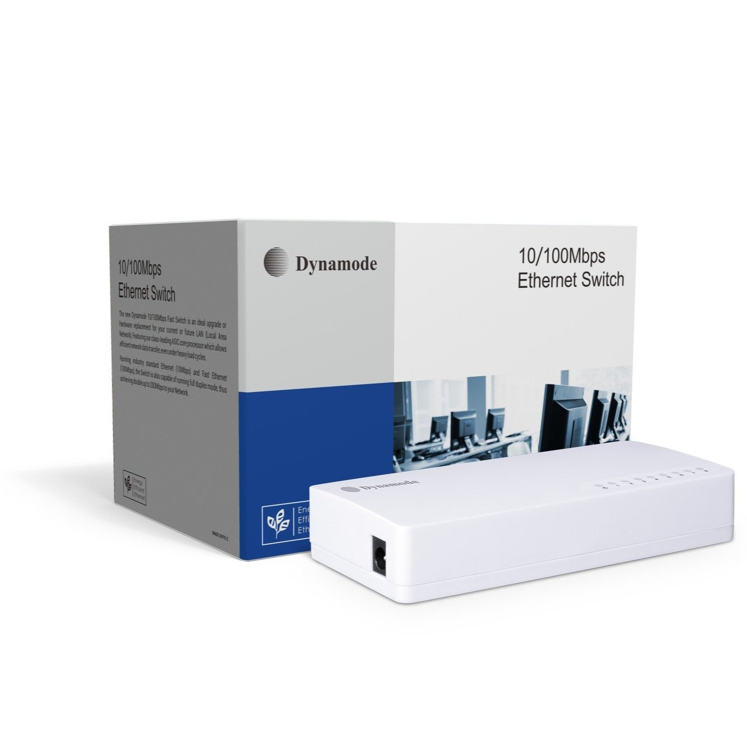 8-Port 10/100 Mbps Fast Network Ethernet Switch (Desktop or wall mount) shown with box packaging.