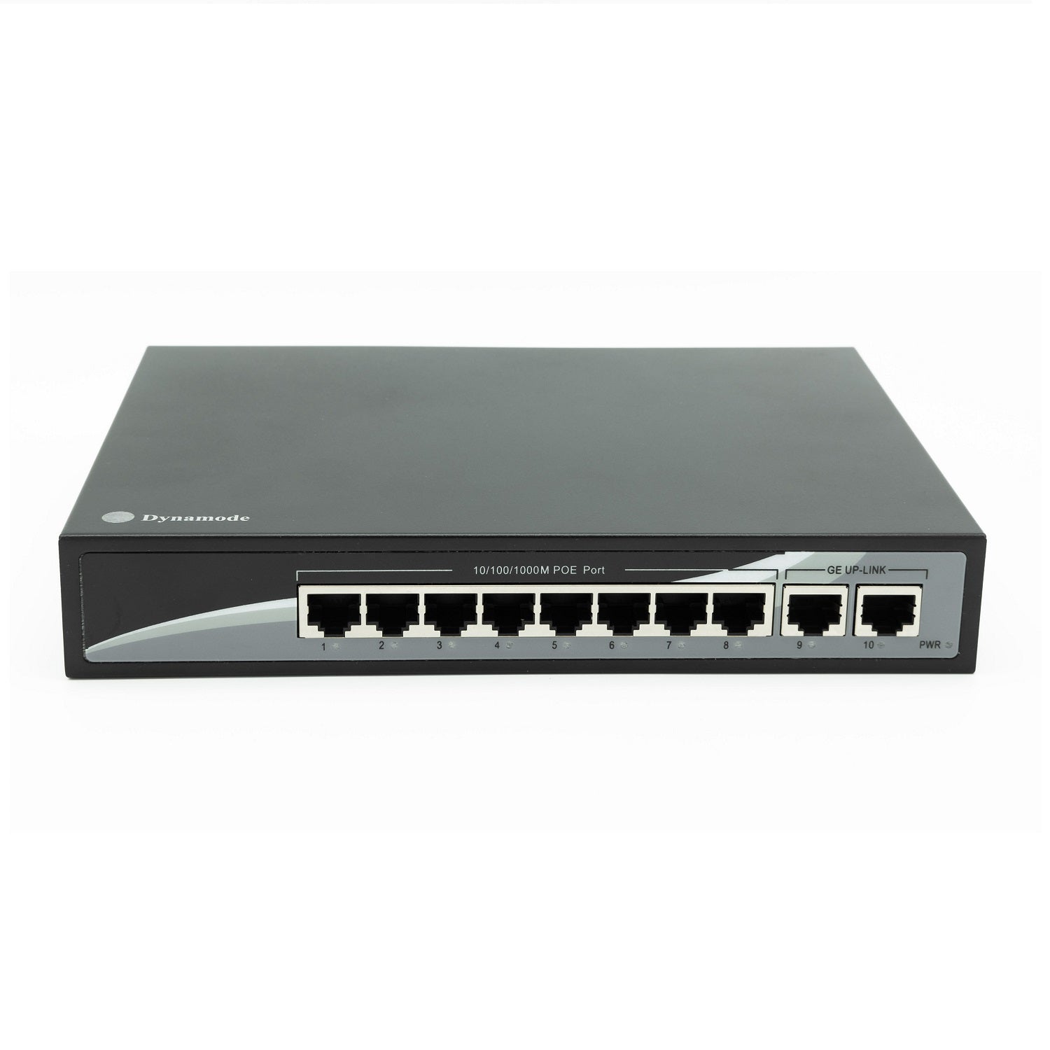 Front view of an 8-port with 10/100/1000 Mbps network speeds Gigabit PoE Ethernet Switch with 2 uplinks.