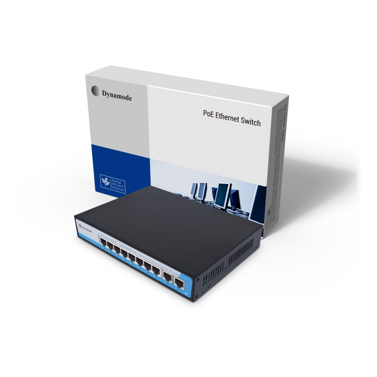 8-Port 10/100/1000 network speeds Gigabit PoE Ethernet Switch with 2 Uplinks shown with its box packaging.