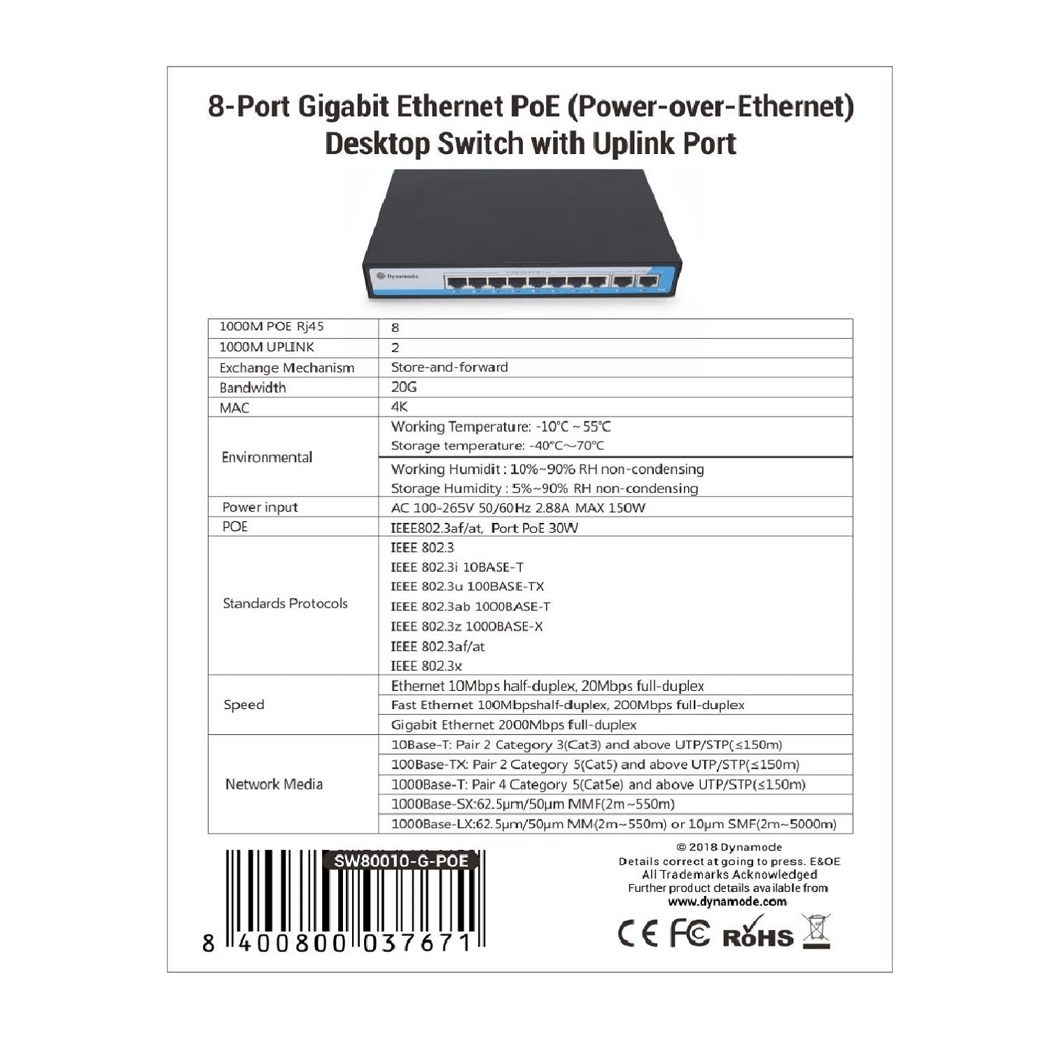 Technical sheet of an 8-port 10/100/1000 Mbps network speeds Gigabit PoE Ethernet Switch with 2 uplinks.
