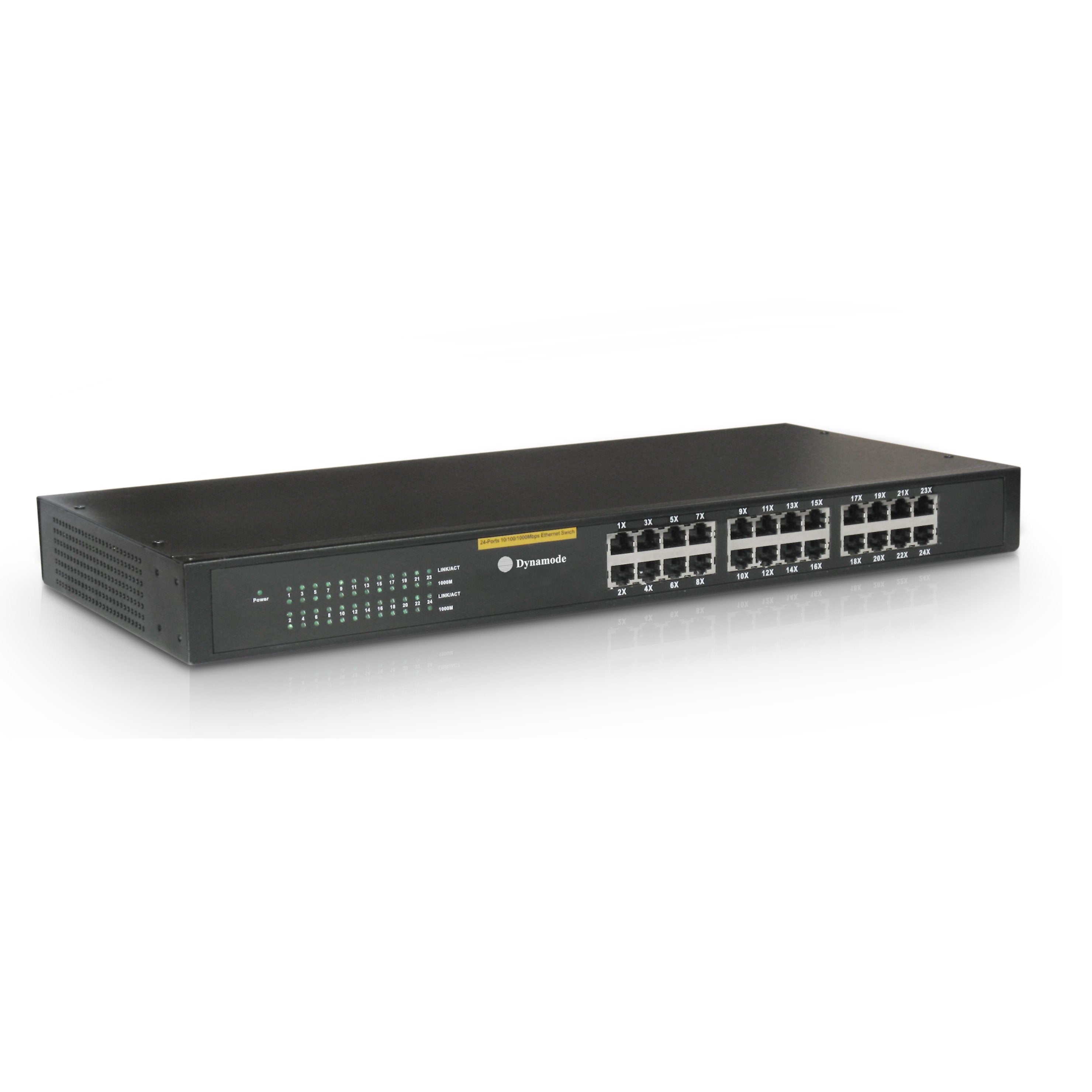 Front view of a Rackmount 24-port Gigabit Network Ethernet Switch with network speed of 10/100/1000 Mbps.