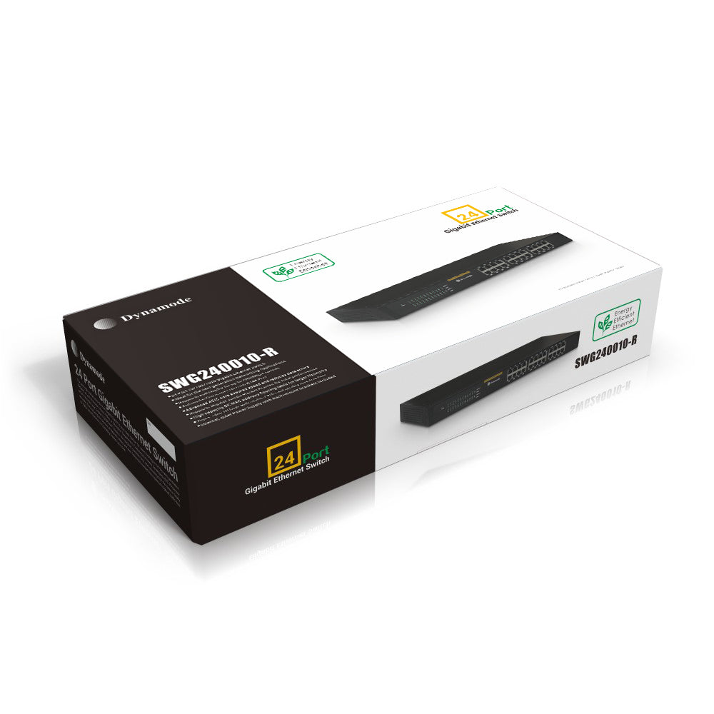 Box packaging of a 24-Port 10/100/1000 Gigabit Network Ethernet Switch, 19" Rackmount (1U) by Dynamode- Netbit UK