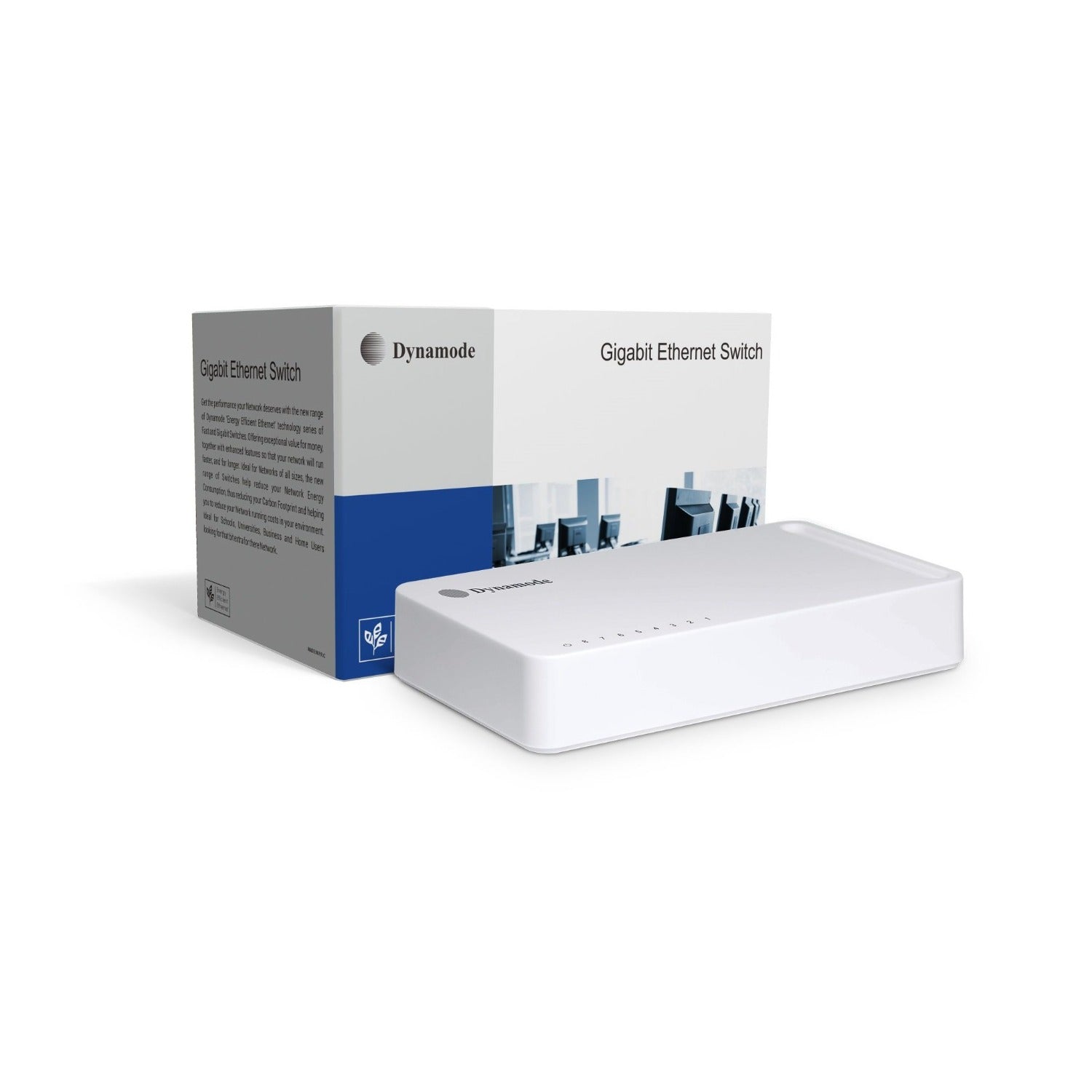 8-Port 10/100/1000 Mbps Gigabit Network Ethernet Switch (Desktop or wall mount) shown with box packaging.