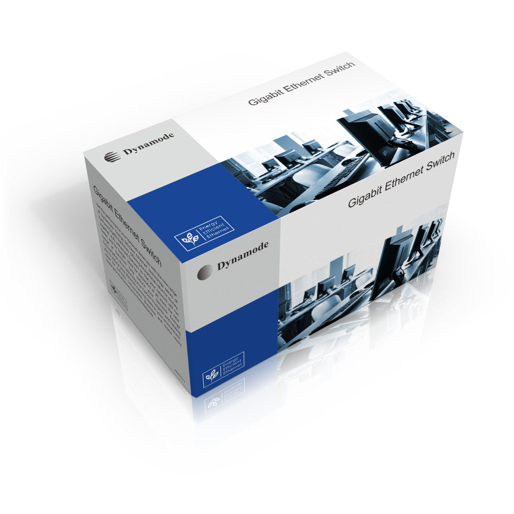 Box packaging of an 8-Port 10/100/1000 Mbps Gigabit Network Ethernet Switch (Desktop or wall-mounted).