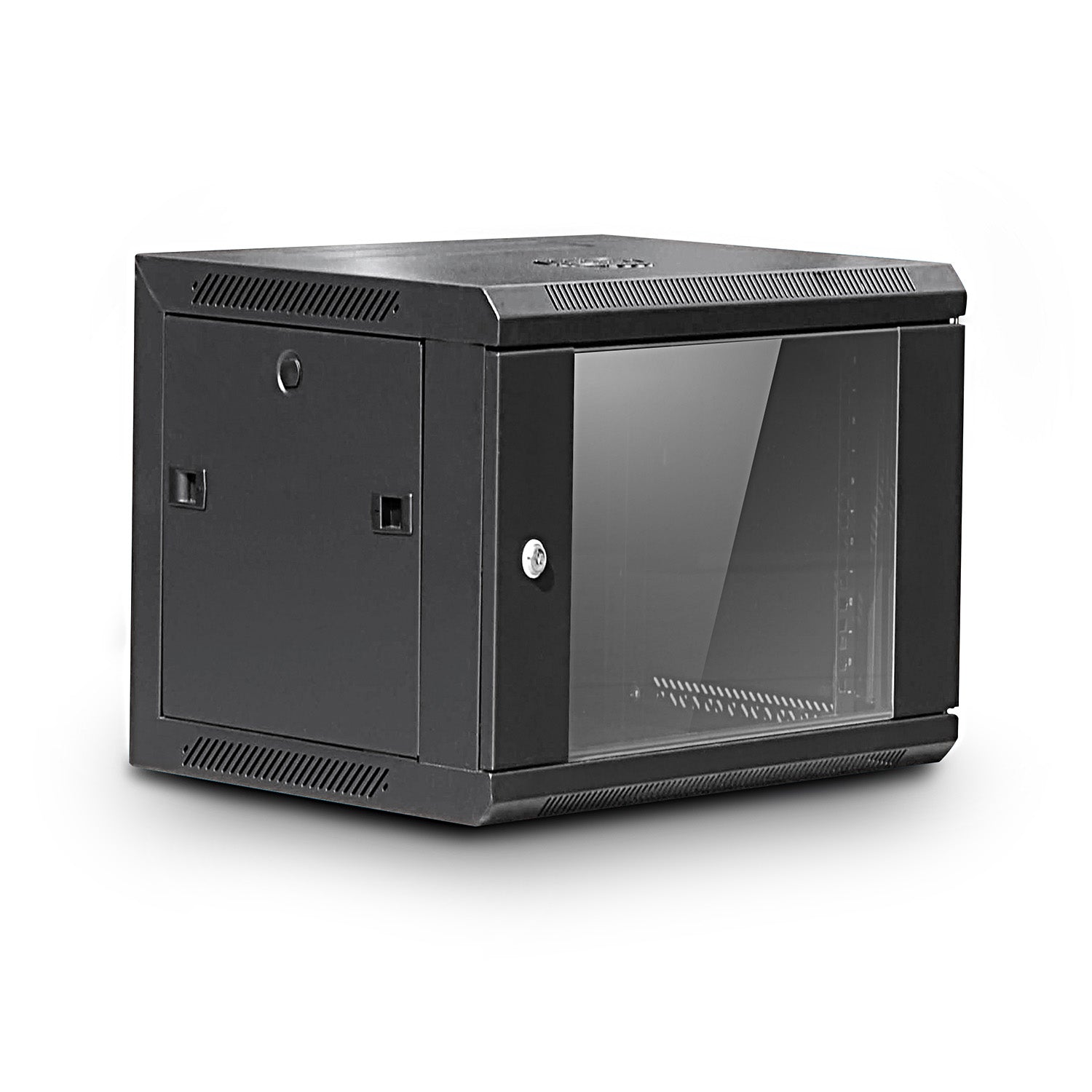 Front Left-side Isometric view of a black 12U 600 mm Deep 19-inch Wall Mount Data Cabinet showing its lockable glass front door and removable left panel.