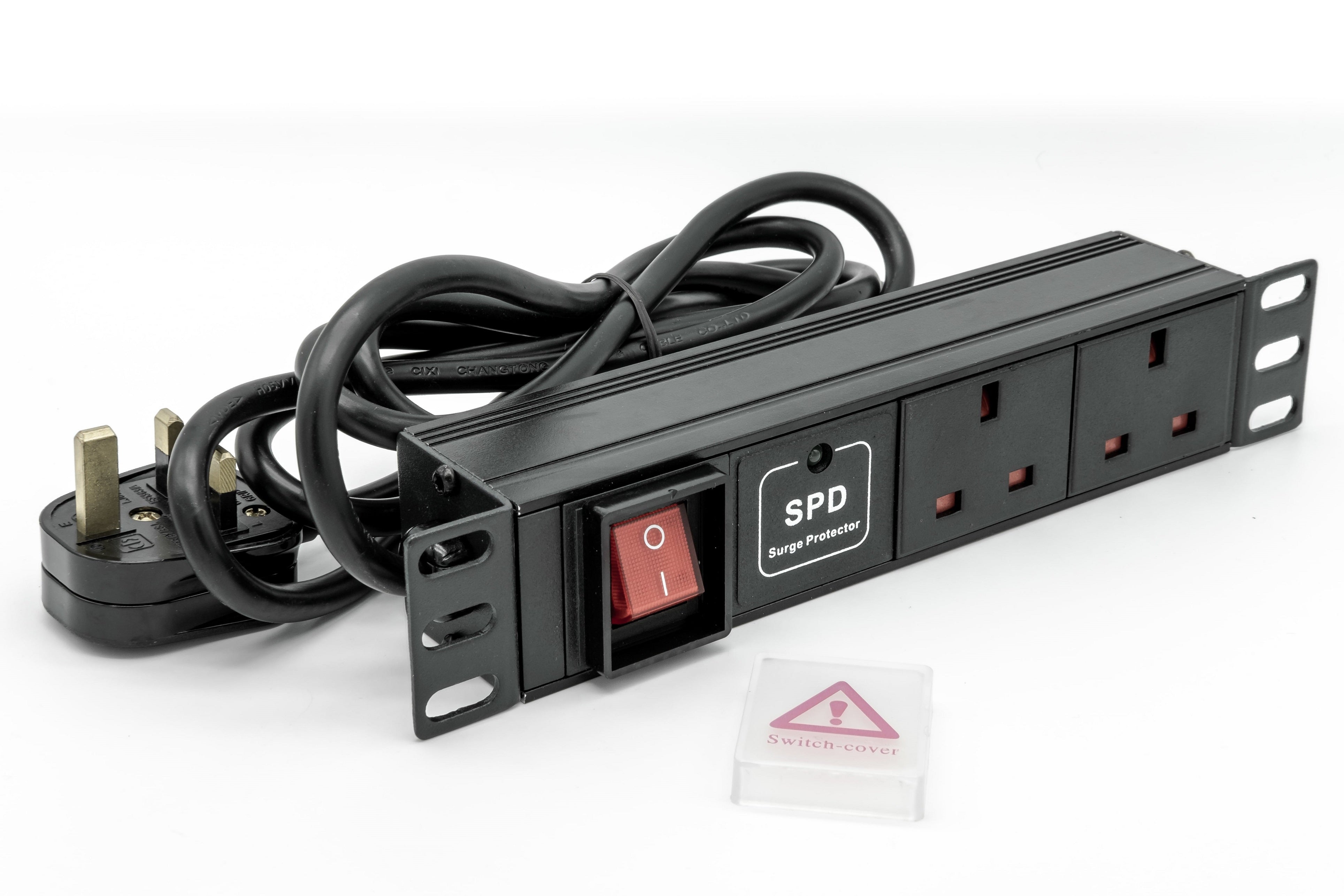 1U 10"/SoHo 2 Way Horizontal Switched 13A UK Sockets to UK Plug PDU with Surge Protection & 2.5m Flex (Rackmount) - Netbit UK