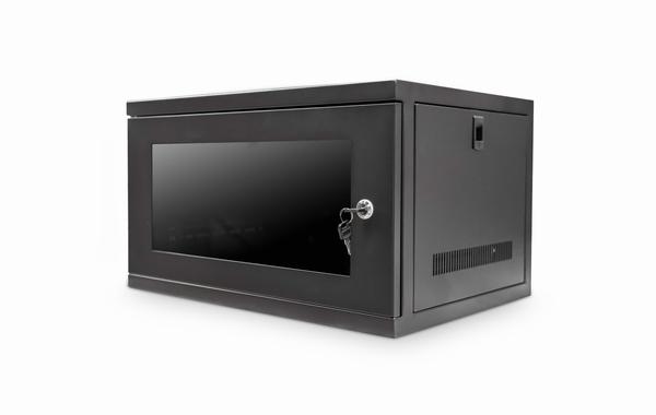 isometric view of a Wall Mount  Data Cabinet  shown with key inserted in its closed door