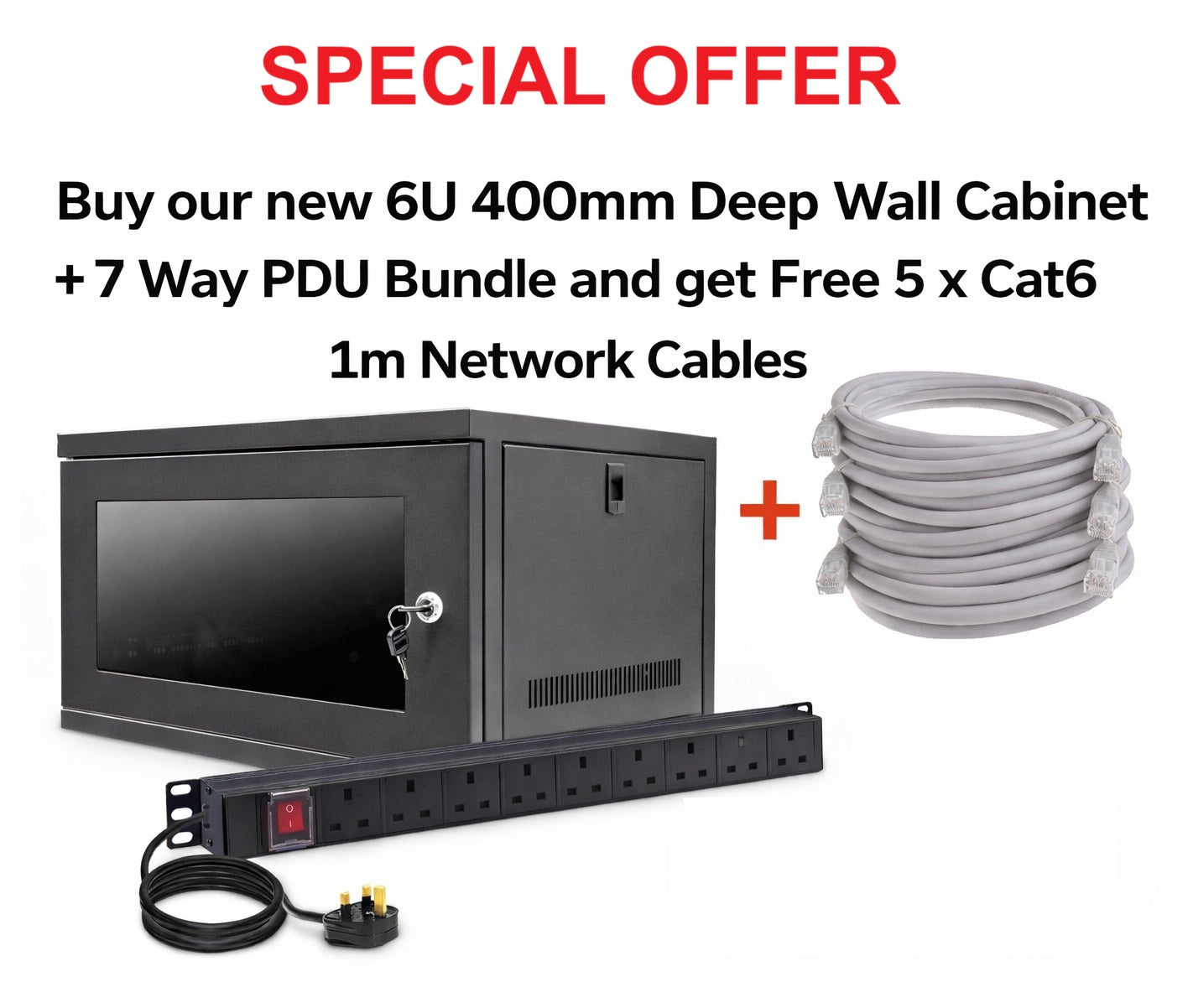 Wall Mount Data Cabinet | 6U 400mm + 7 Way 19" PDU Bundle - Free 5 x Cat6 1m Network Cables