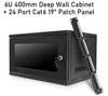 A package of 24-port cat6 19-inch patch panel and a black 6U 450 mm-Deep Wall Mount Data Cabinet with its lockable glass door closed and keys inserted.