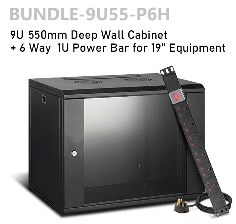 Wall Mount Data Cabinet | 9U 550 mm + 6 Way 19" PDU Bundle