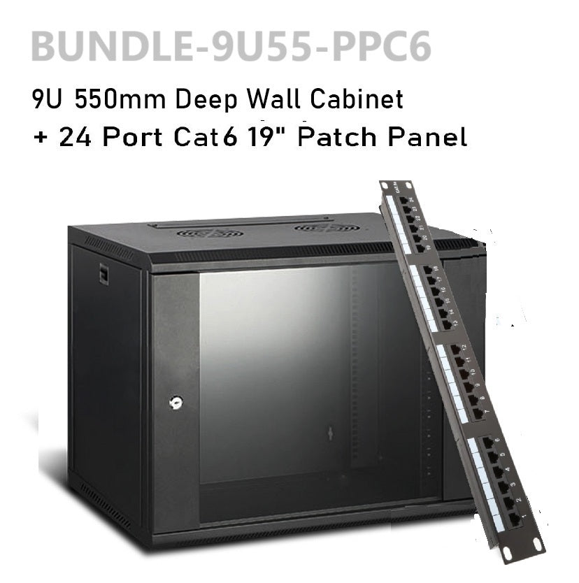 Wall Mount Data Cabinet | 9U 550 mm + 24 Port Cat6 Patch Panel Bundle