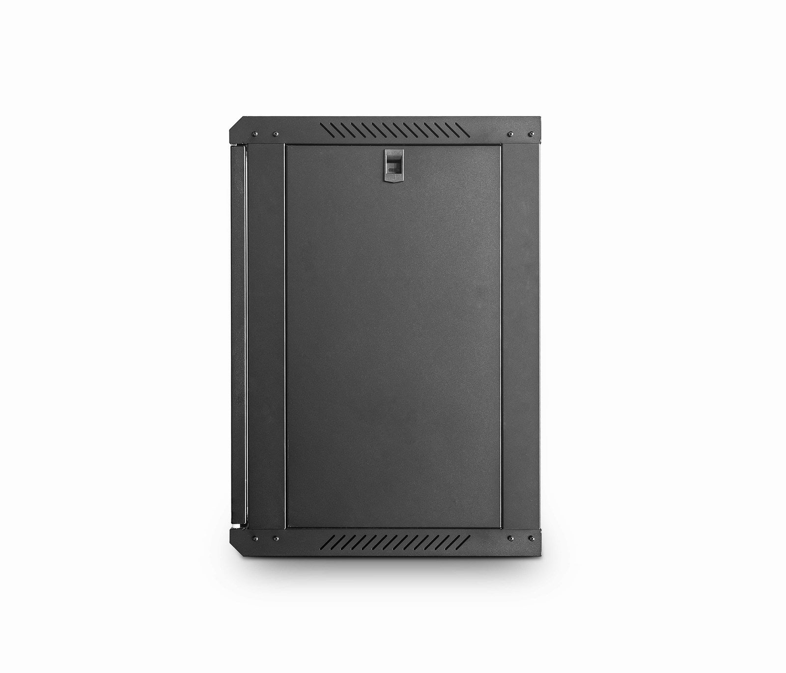 Right-side view of a black 12U 450 mm-deep & 19" ETSI Wall mount Network Cabinet showing its removable right panel attached.