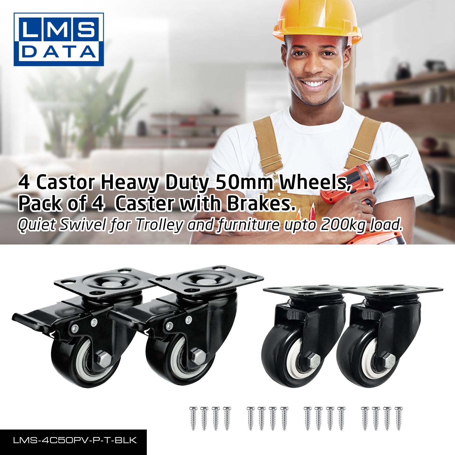 Heavy Duty Castors with Brakes (LMS-4C50PV-P-T-BLK)