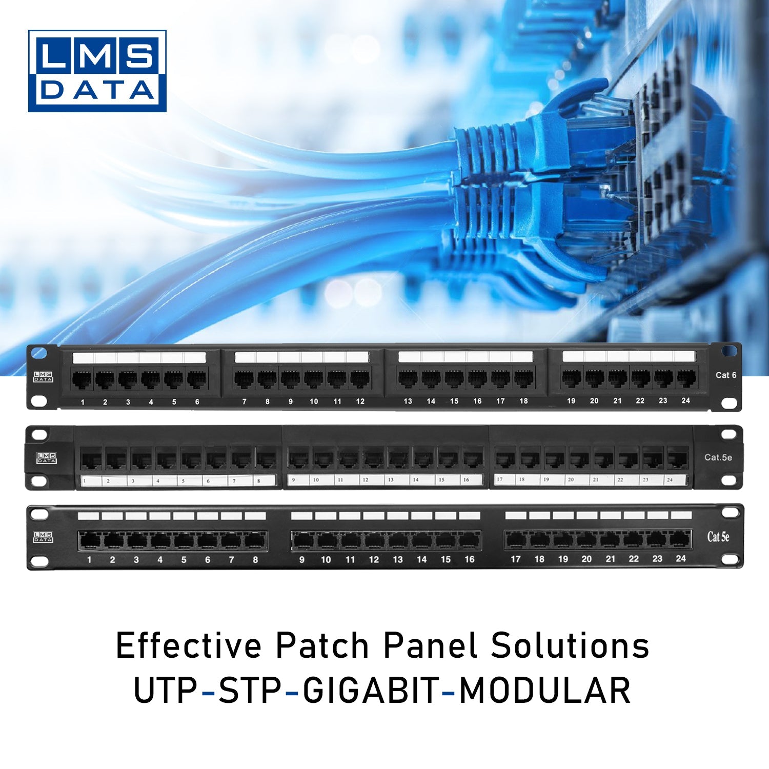 1U 19" 24 Port CAT6 Network RJ45 Patch Panel (UTP) w/Back Bar (Dual Use)