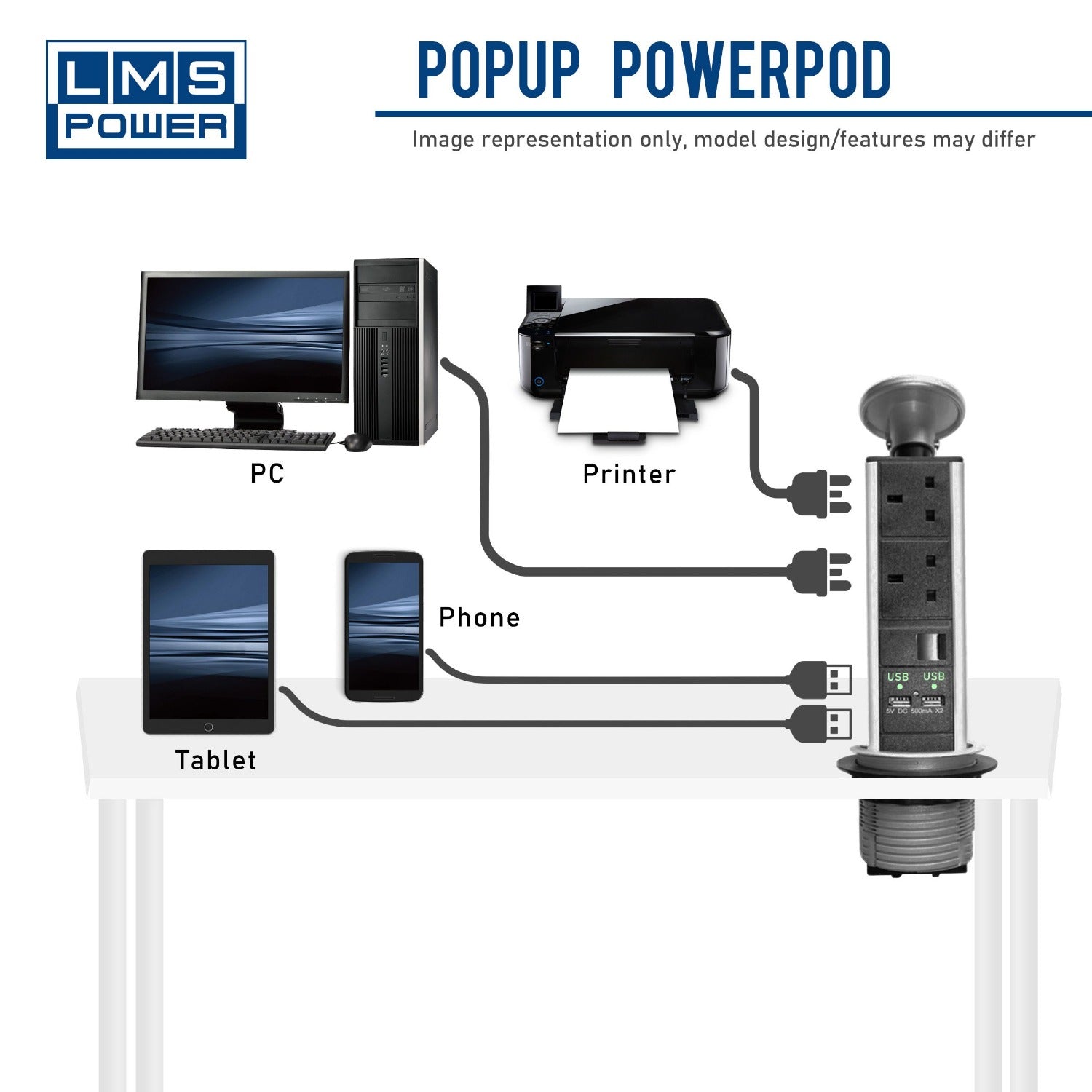 3-Way 13A UK Sockets Table Pop-Up PDU|Desktop PDU+2 USB Extra Wide