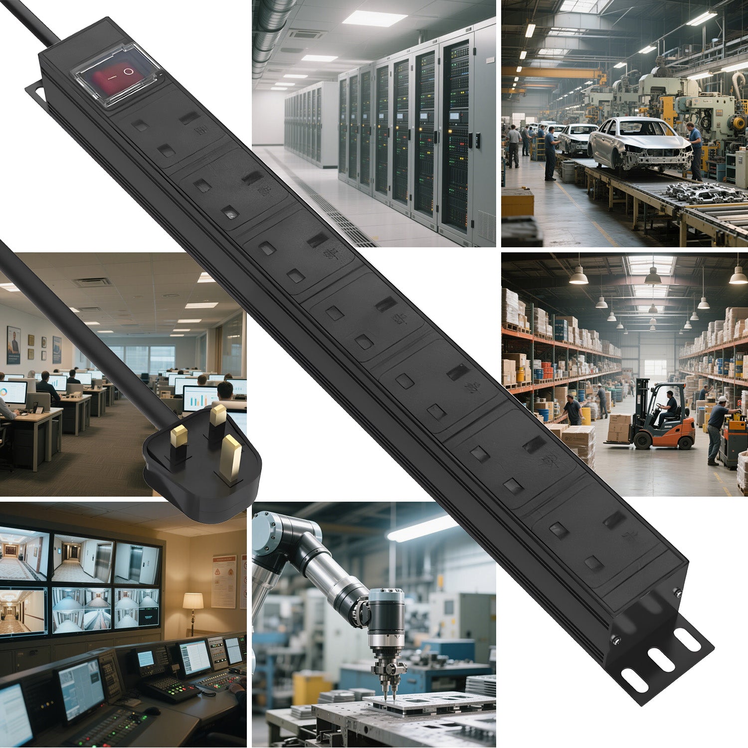 LMS DATA 19 inch 1U 13A 7 way PDU, UK type with switch - 1.8m cable with 13A UK plug (Black)