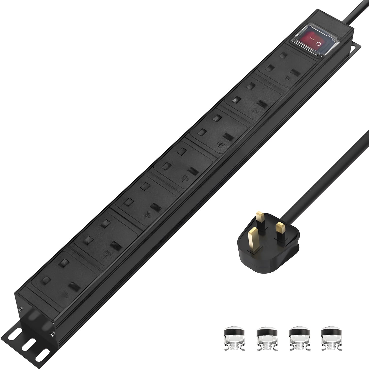 LMS DATA 19 inch 1U 13A 7 way PDU, UK type with switch - 1.8m cable with 13A UK plug (Black)