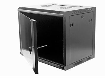 Front right-side Isometric view of a black 18U 600mm Deep 19-inch Wall Mount Network Cabinet with its door partially opened.