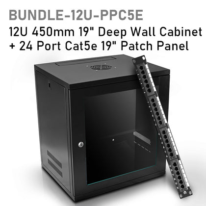 Cabinet Bundle: 12U 450mm Deep Data Comms Wall Cabinet / Rack + 24 Port Cat5e Patch Panel