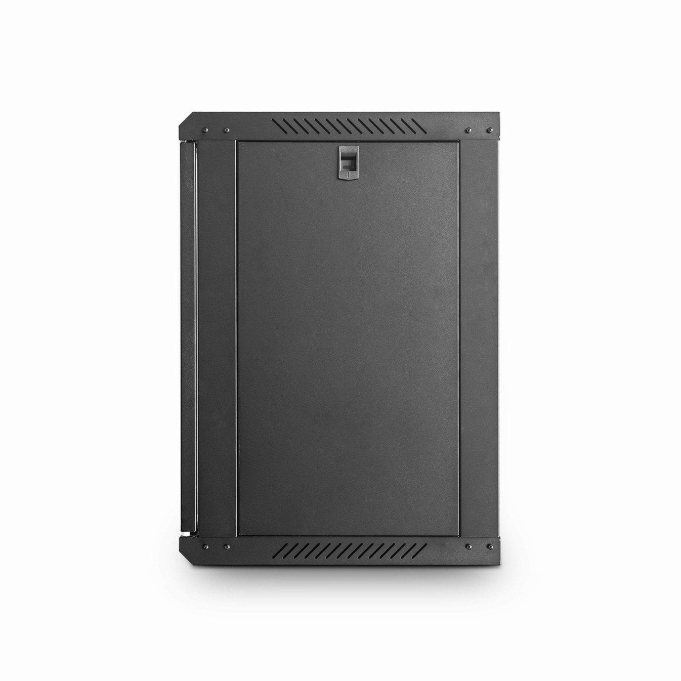 Right-side view of a black 6U 450mm-Deep Wall Mount Network Cabinet  with its removable right panel attached.
